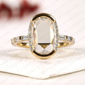 Elongated Cushion Rose Cut Bezel Ring with Baguette Side Stones by Claire Diamonds