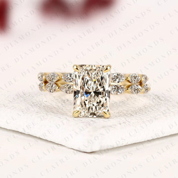 Radiant Cut Lab Grown Diamond Engagement Ring Set Yellow Gold Double Band with Pavé Side Stones Unique Luxury Bridal Ring Set