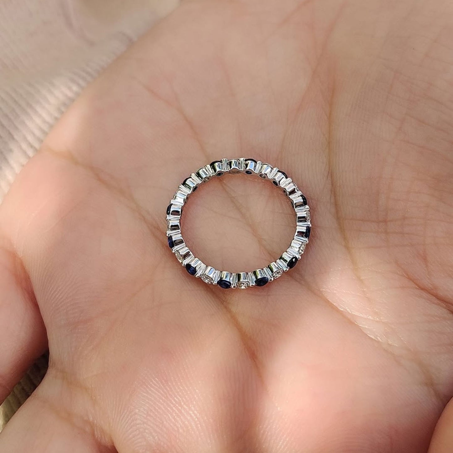 1.76 tcw alternating blue sapphire & diamond moissanite eternity band elegant gemstone stackable ring