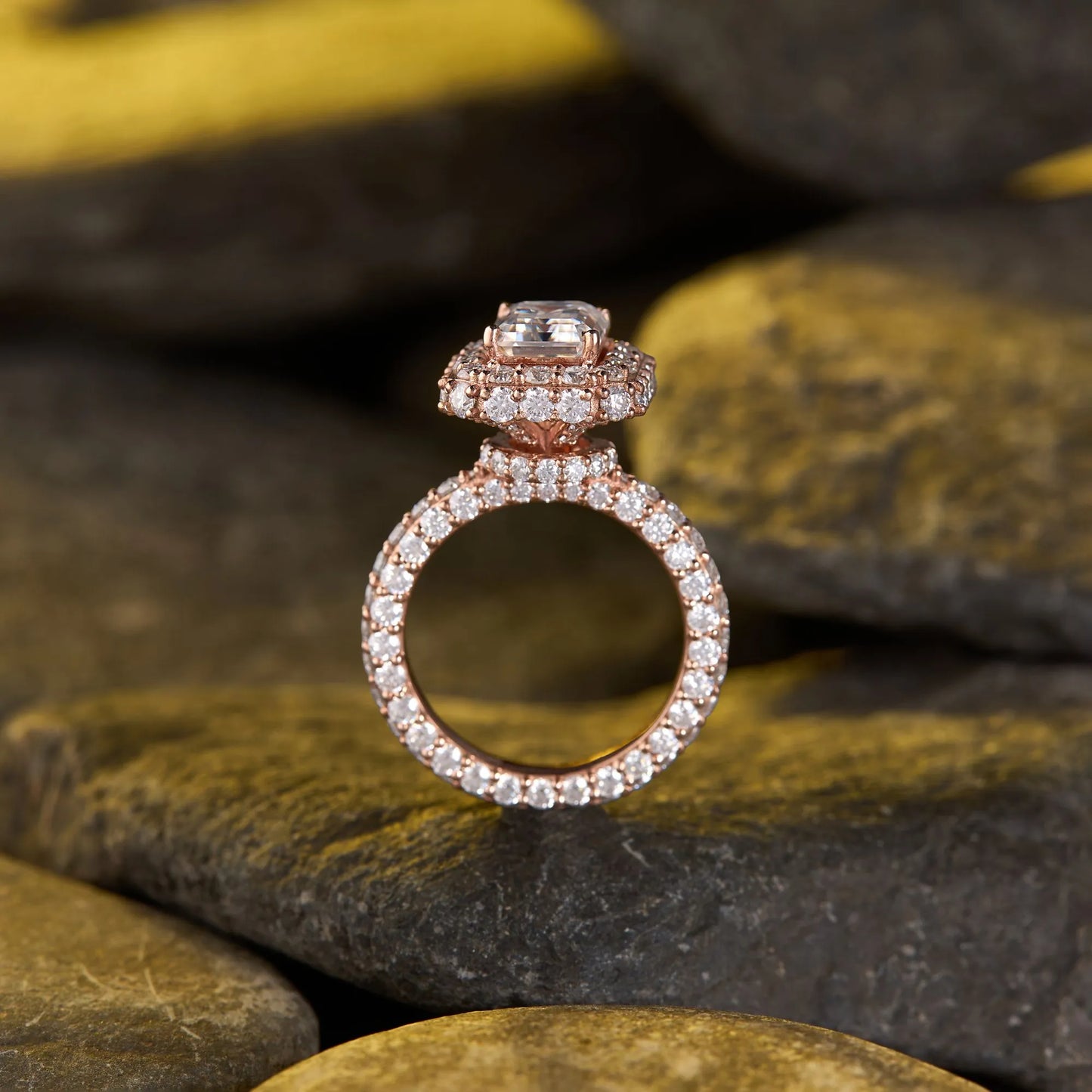 luxury vintage emerald cut halo moissanite diamond engagement ring with pavé band in gold