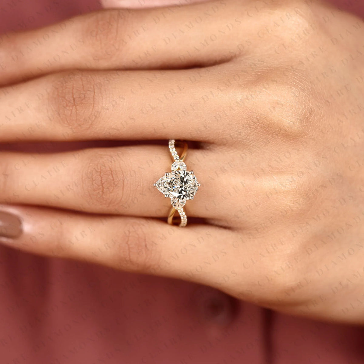 pear cut moissanite diamond engagement ring | yellow gold twisted vine pavé band | nature inspired bridal ring | elegant unique wedding jewelry