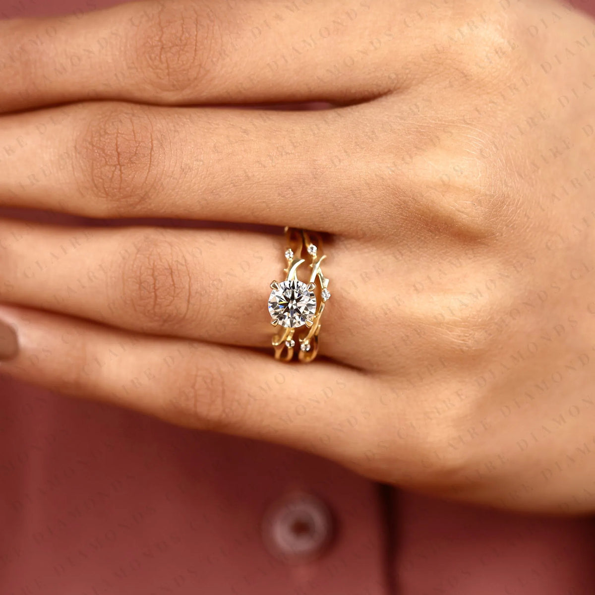 round cut moissanite diamond bridal ring set | yellow gold botanical vine band | nature inspired floral bridal ring | unique modern wedding jewelry