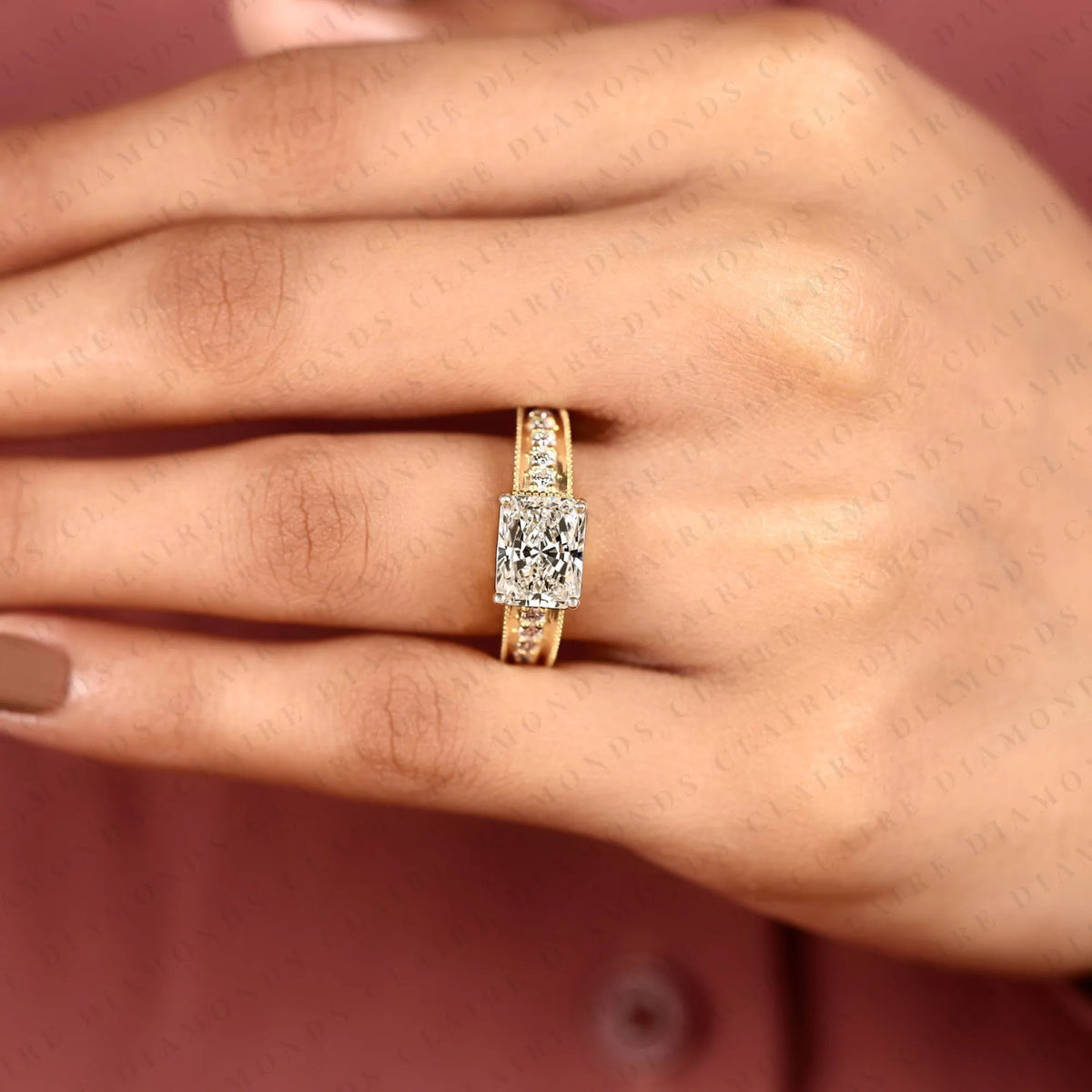 east-west radiant cut moissanite diamond engagement ring pavé band modern horizontal setting elegant bridal jewelry
