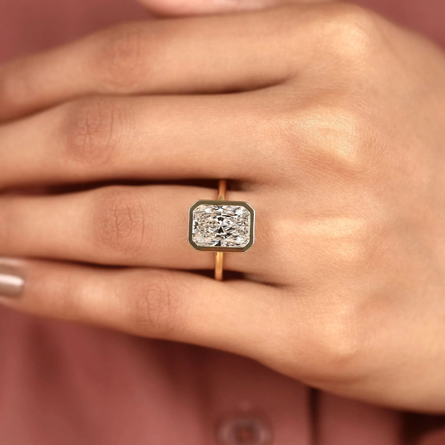 bezel set radiant cut moissanite diamond engagement ring in gold | minimalist solitaire wedding ring for women | igi certified anniversary ring