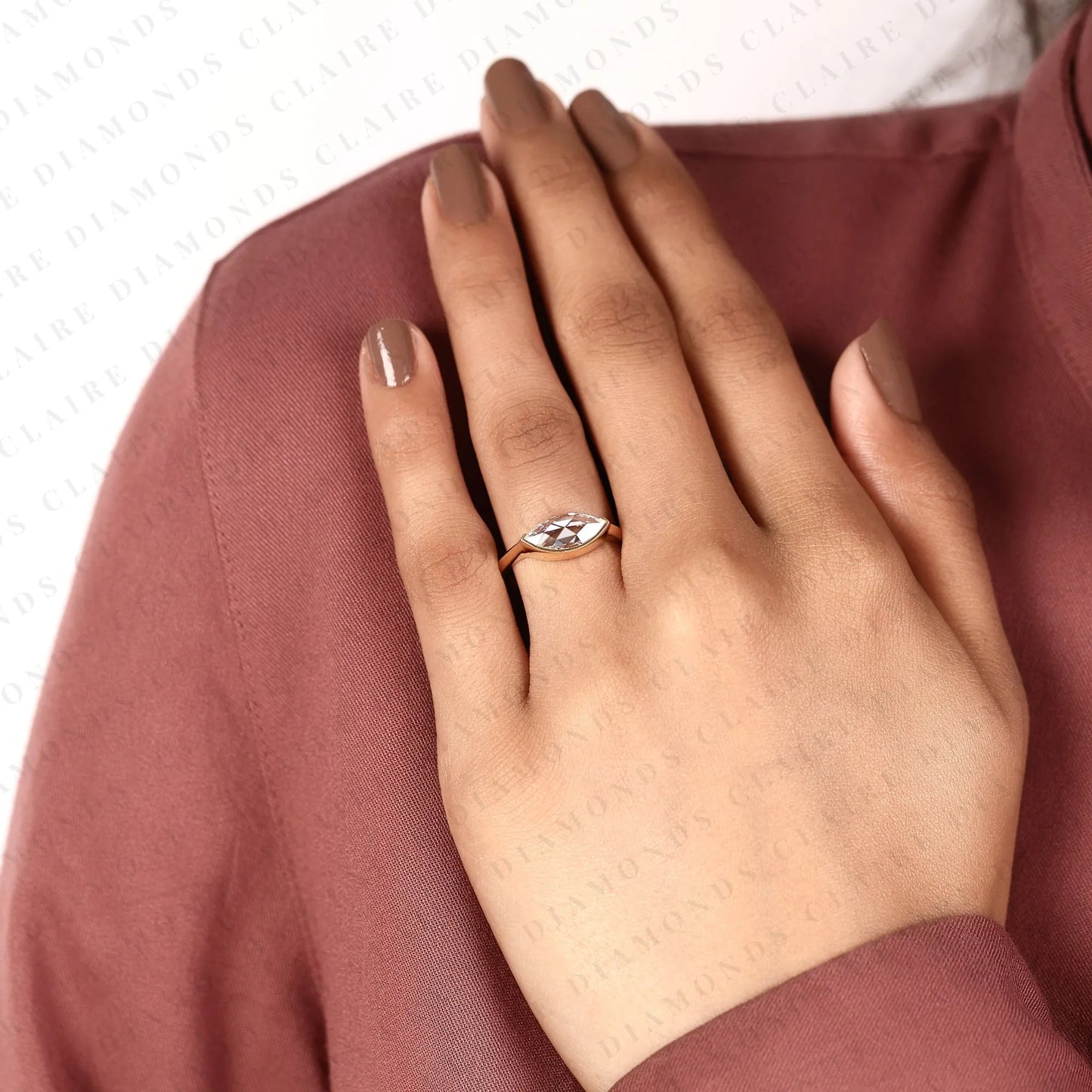 east west marquise rose cut moissanite diamond solitaire ring half bezel minimalist promise ring