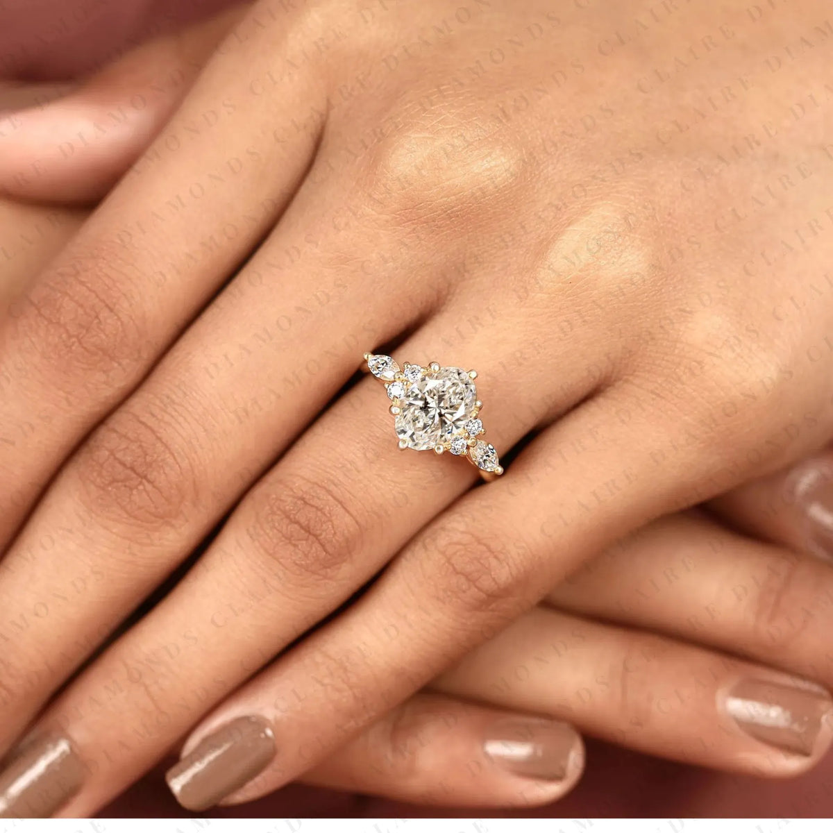 nature inspired moissanite oval diamond cluster engagement ring with twisted band