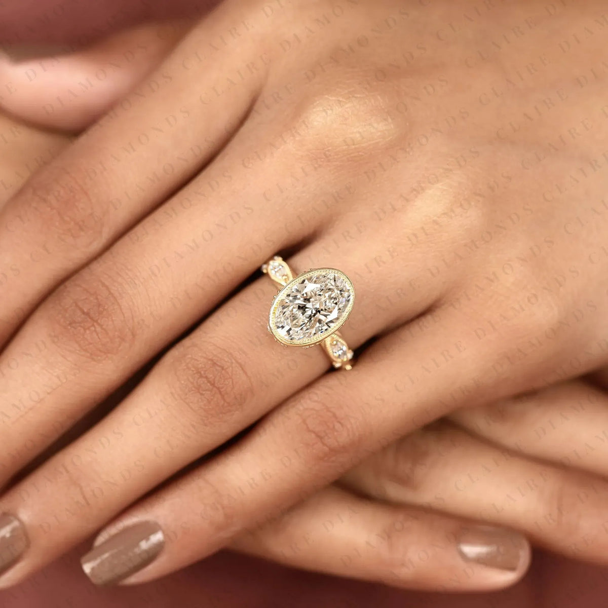 heirloom inspired oval moissanite diamond vintage engagement ring with marquise and round diamond details