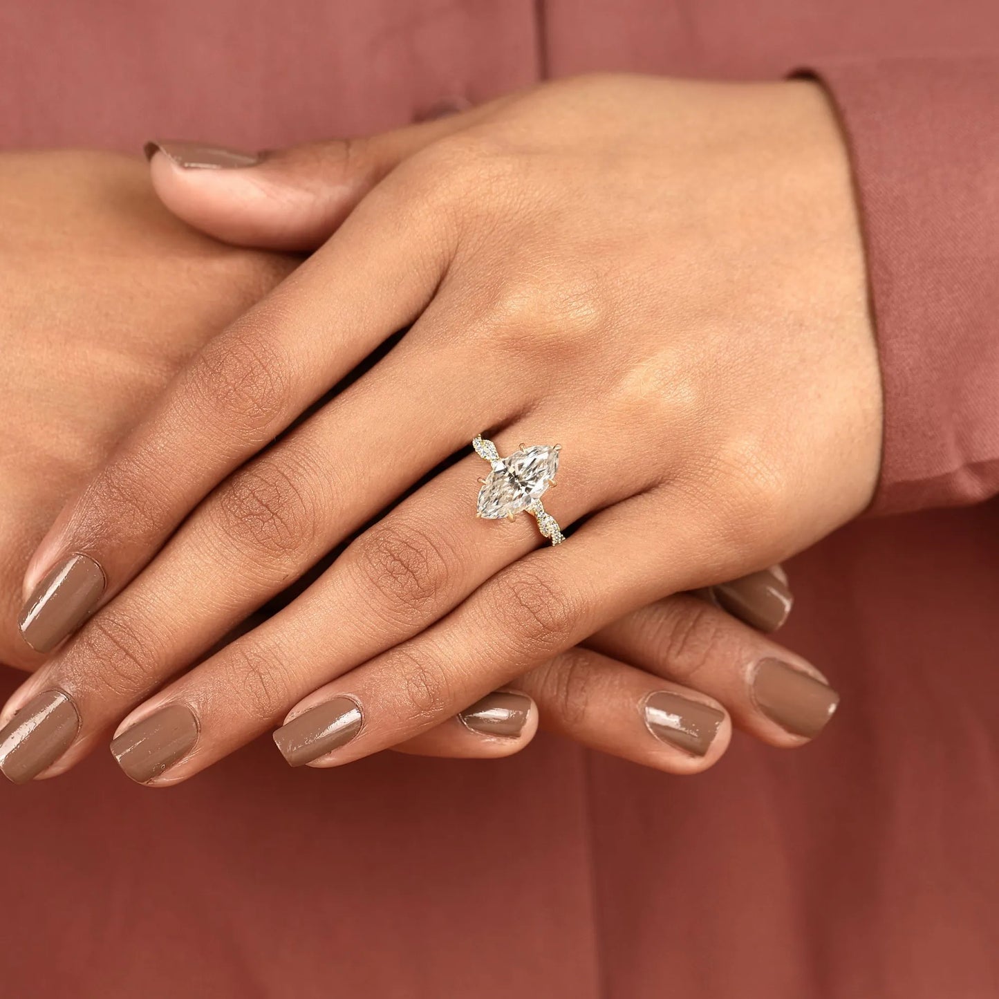 vintage-inspired marquise cut moissanite diamond engagement ring in gold – twisted pavé band solitaire ring