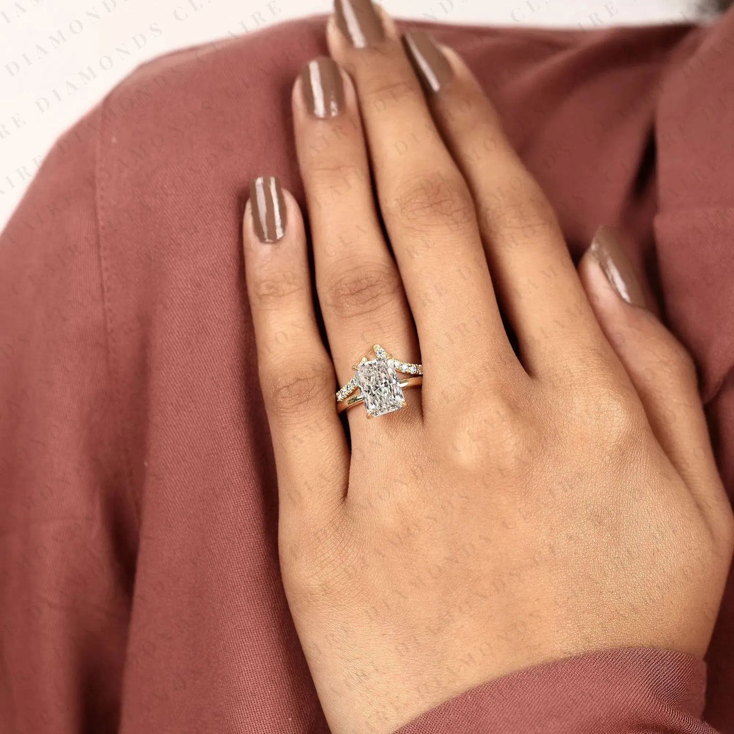 radiant cut moissanite diamond bridal ring set | matching chevron wedding band engagement ring