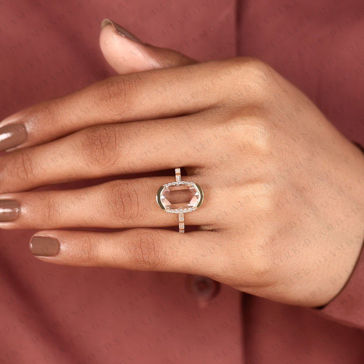 elongated cushion rose cut moissanite diamond bezel ring with baguette side stones | hidden halo engagement ring