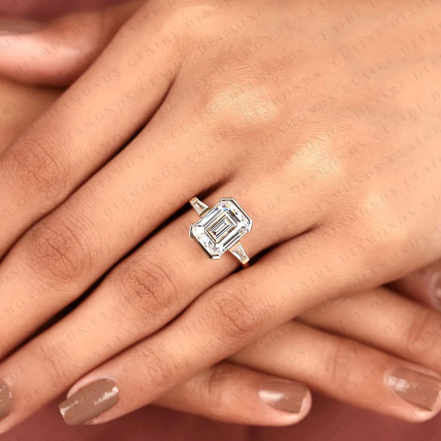 emerald cut moissanite diamond past, present & future gold ring ,half bezel & three tone engagement ring with tapered baguette side diamonds ring.
