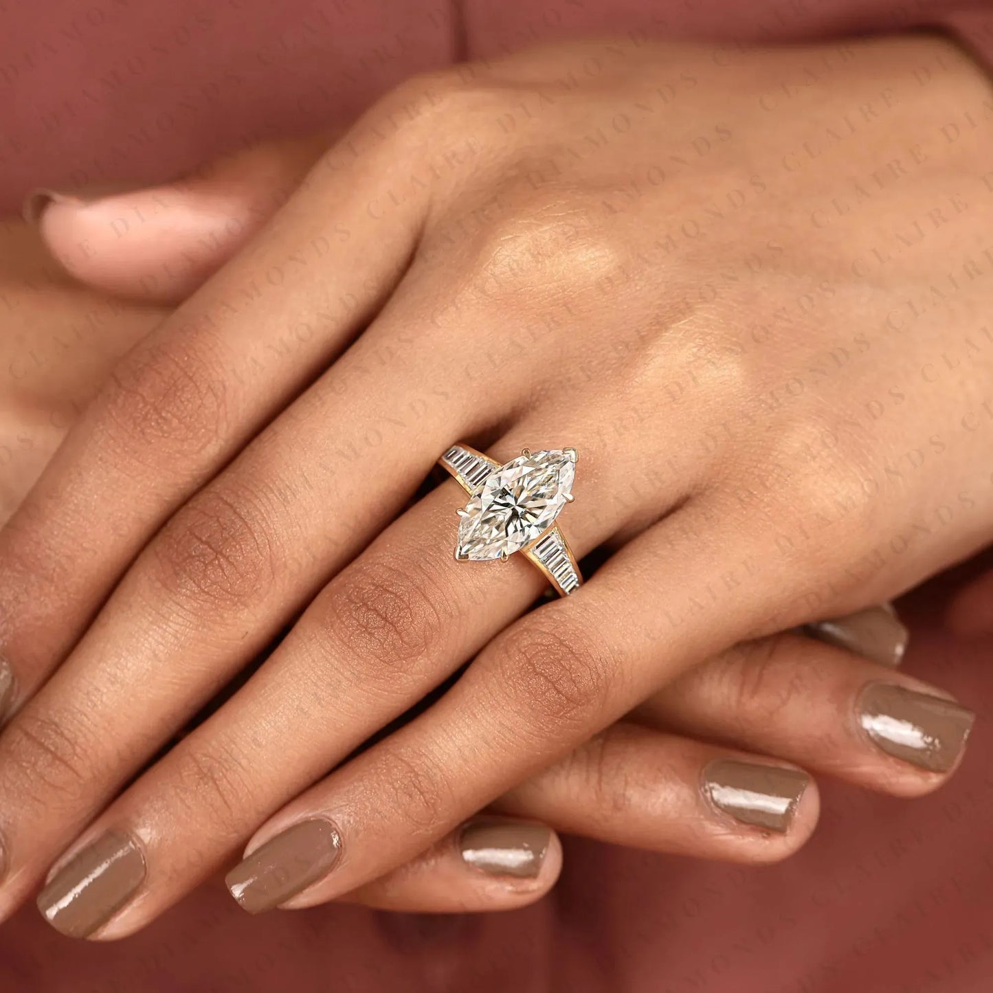 designer marquise moissanite diamond engagement ring with channel set baguette diamonds