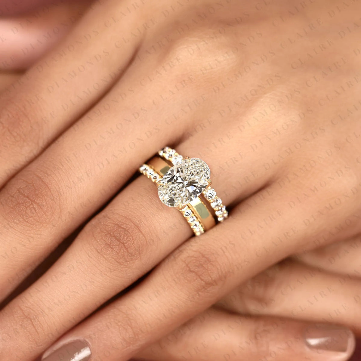 oval cut moissanite diamond bridal set hidden halo engagement ring with matching wedding band yellow gold oval ring pave diamond bridal ring set.
