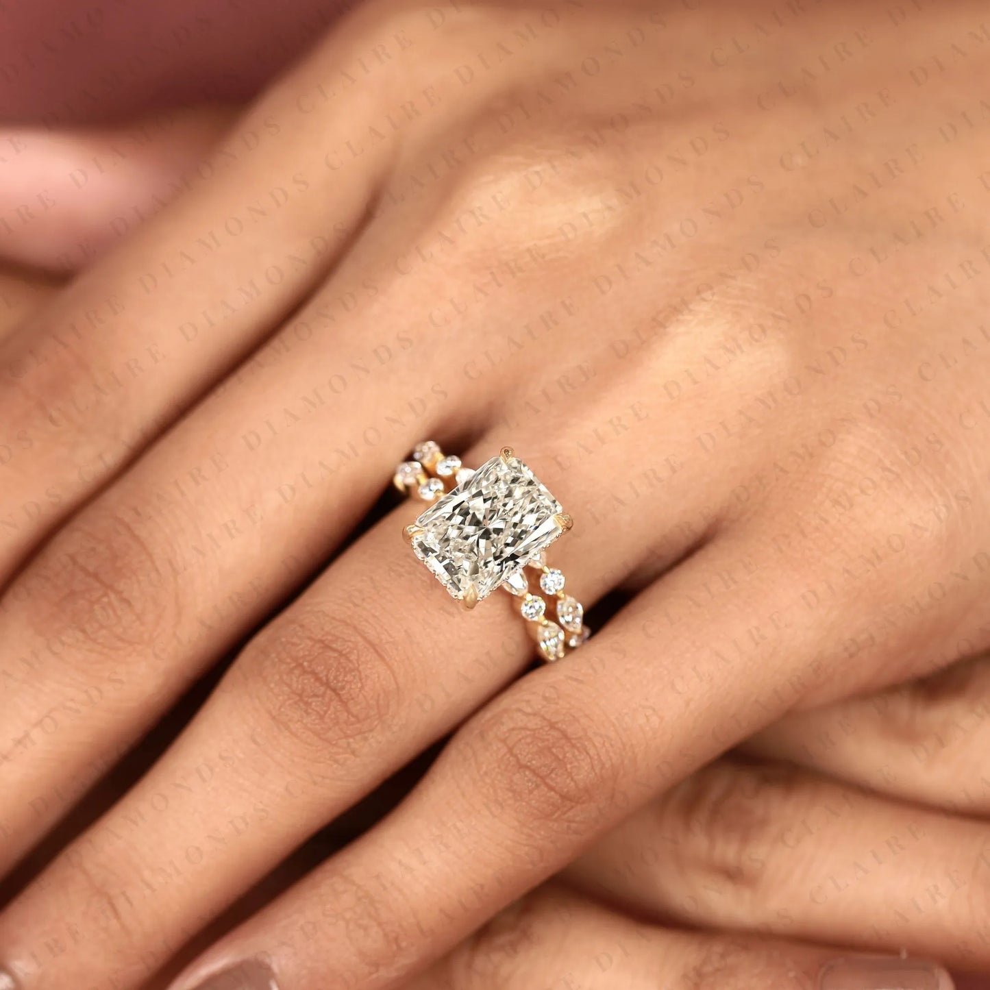 designer radiant cut moissanite bridal ring set with marquise and round diamond accents