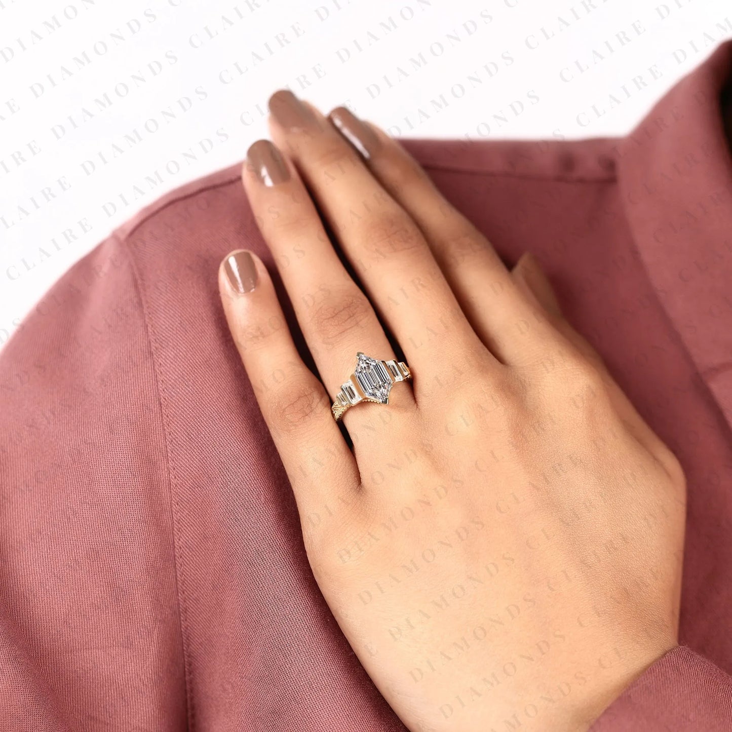 hexagon cut moissanite diamond engagement ring art deco step cut ring vintage engraved gold ring baguette side stone bridal ring.