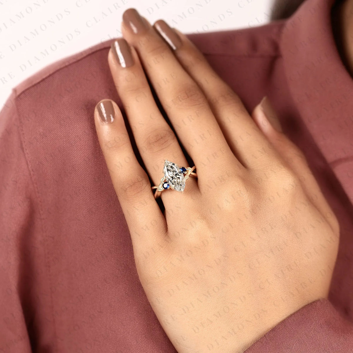 marquise moissanite diamond ring, nature inspired leaf engagement ring, vintage floral ring, sapphire gold promise ring