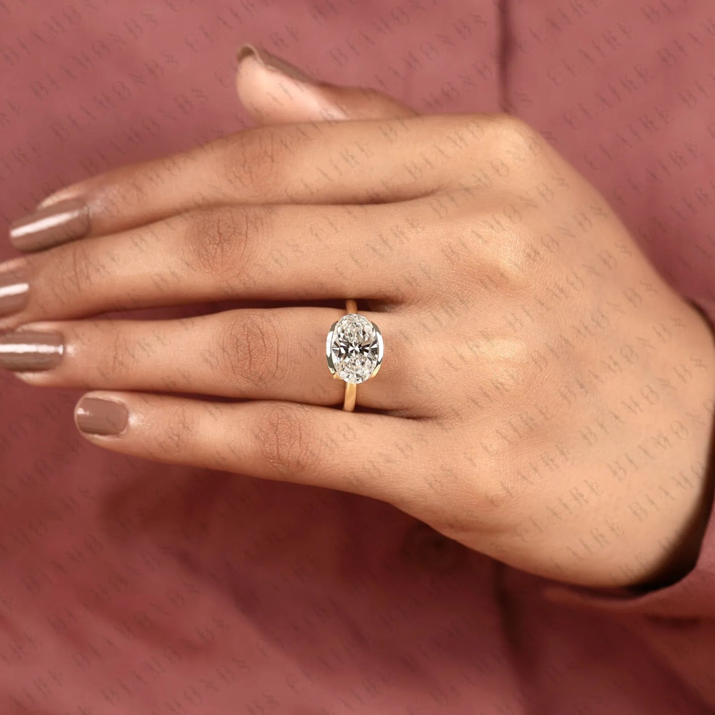oval cut moissanite diamond hidden halo engagement ring, yellow gold, east west ring, half bezel solitaire wedding ring