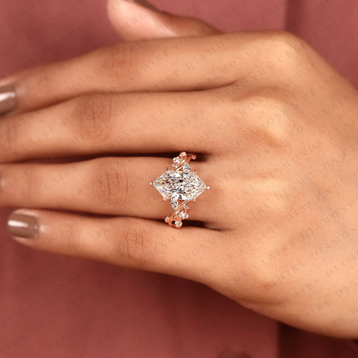 dutch marquise moissanite diamond engagement ring | nature-inspired rose gold curved vine setting