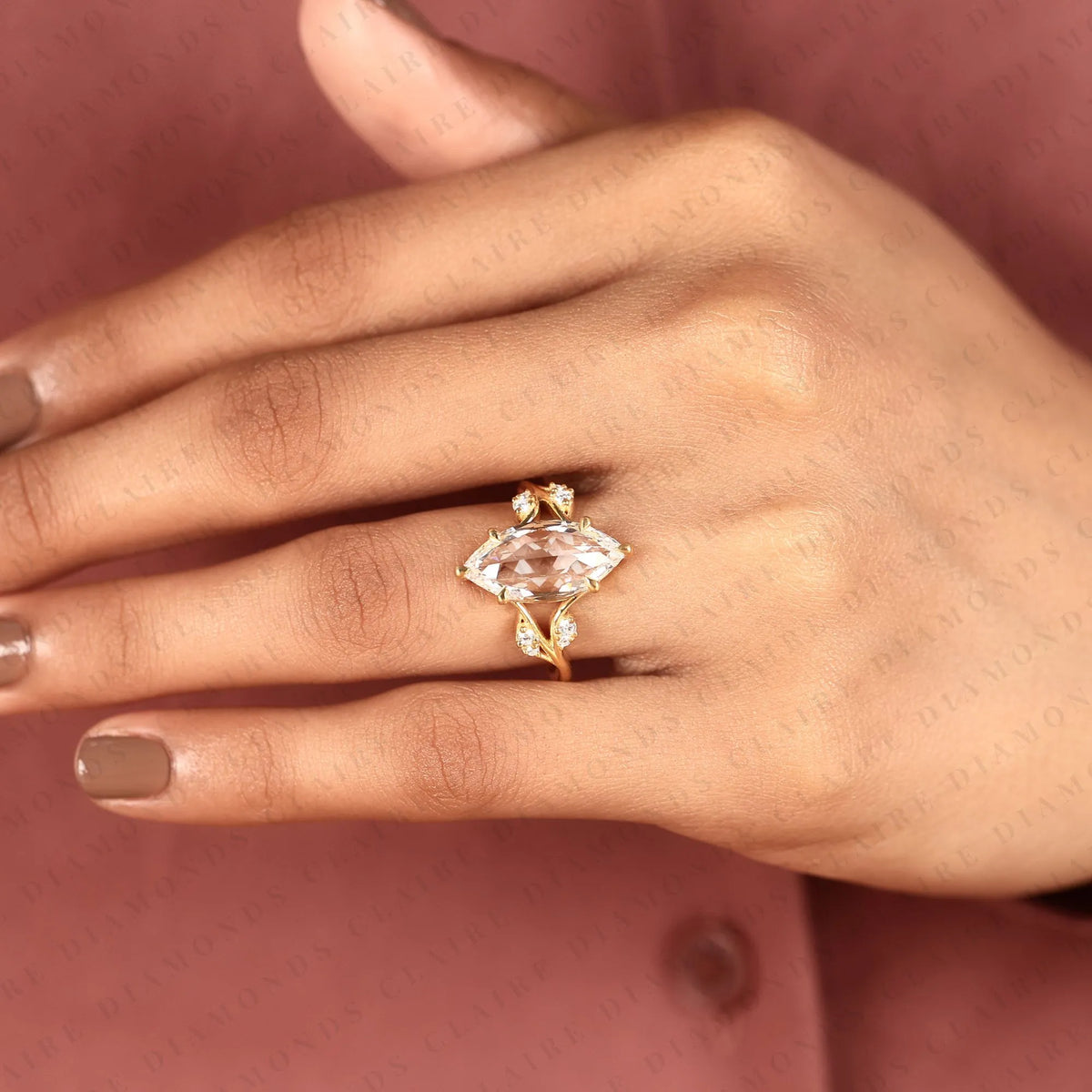 rose cut marquise moissanite diamond ring, nature inspired leaf engagement ring, unique ring