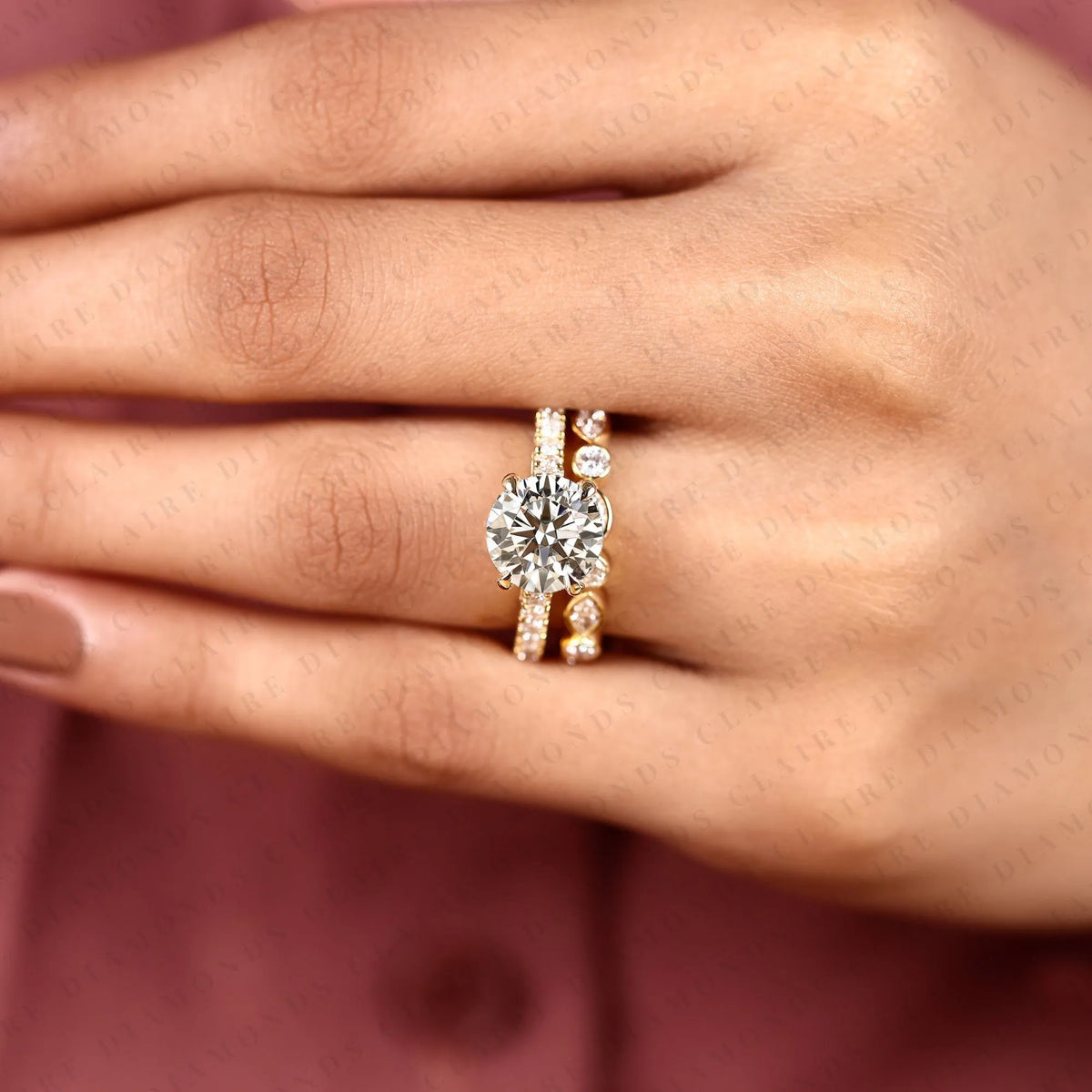round cut moissanite diamond engagement ring set | yellow gold bezel accent wedding band | modern two-tone bridal ring set