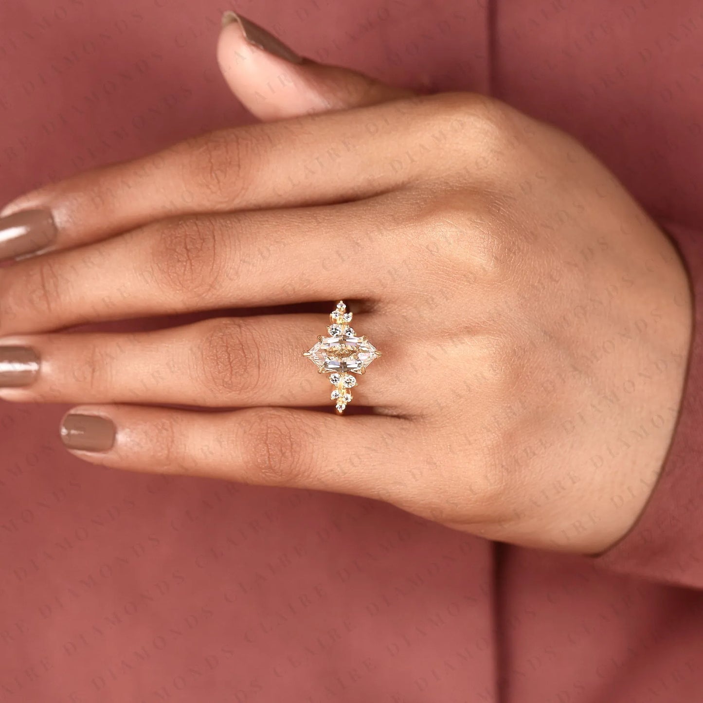 rose marquise cut moissanite diamond engagement ring | yellow gold botanical floral cluster setting