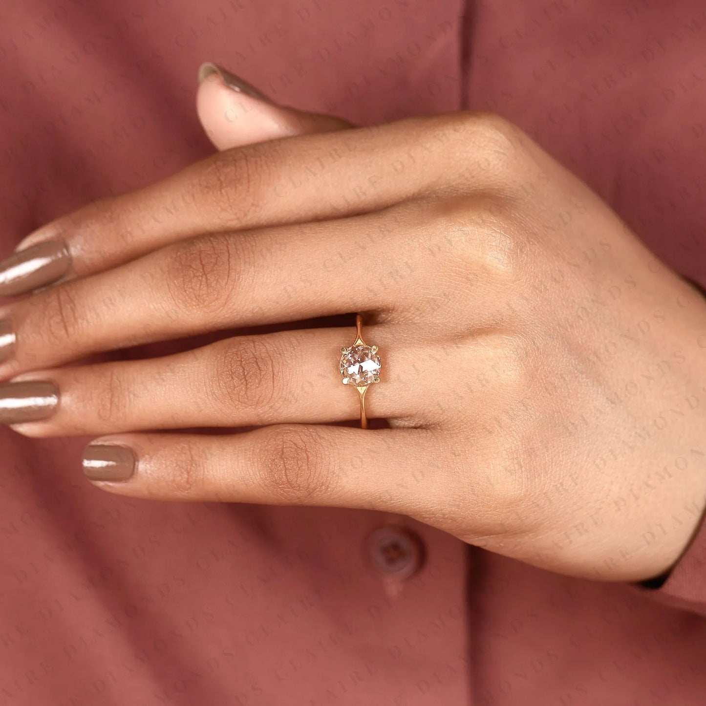 rose cut round moissanite diamond solitaire engagement ring in gold, promise ring, yellow gold