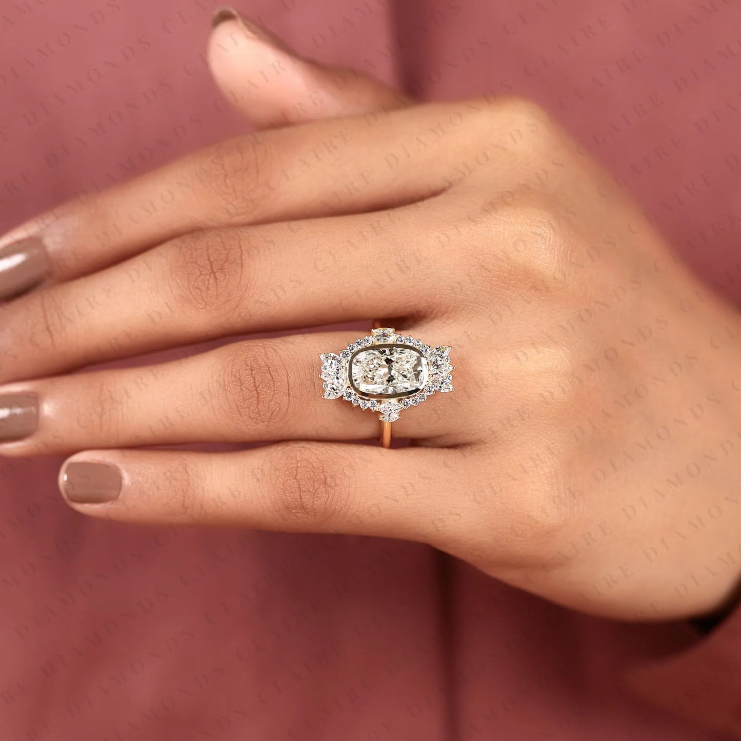 elongated cushion cut moissanite diamond halo engagement ring, yellow gold floral halo bridal ring, unique diamond ring