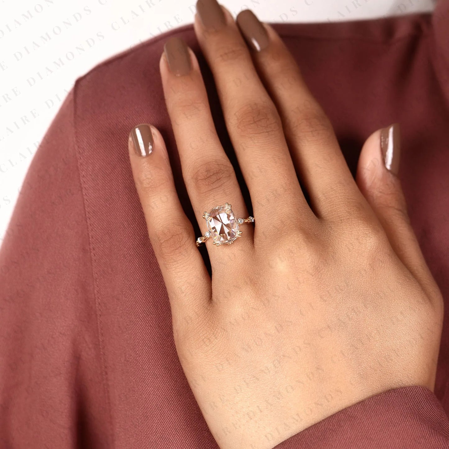cushion rose cut moissanite diamond engagement ring | yellow gold beaded vine band with four-prong setting