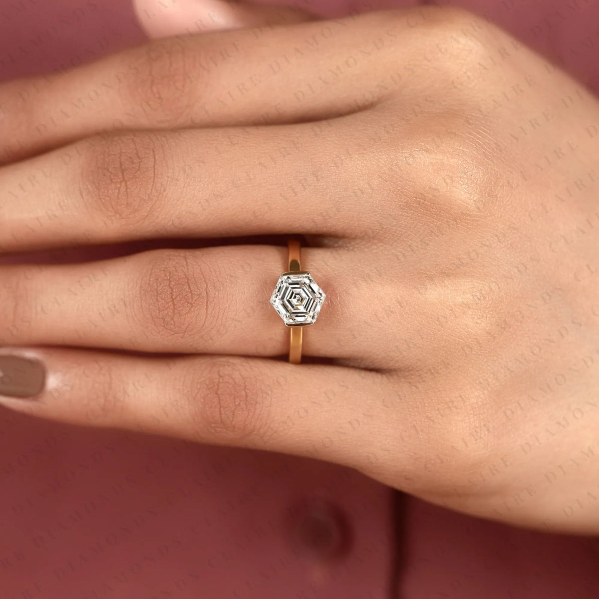 hexagon cut moissanite diamond engagement ring, bezel set solitaire ring, minimalist gold bridal ring, modern geometric wedding ring