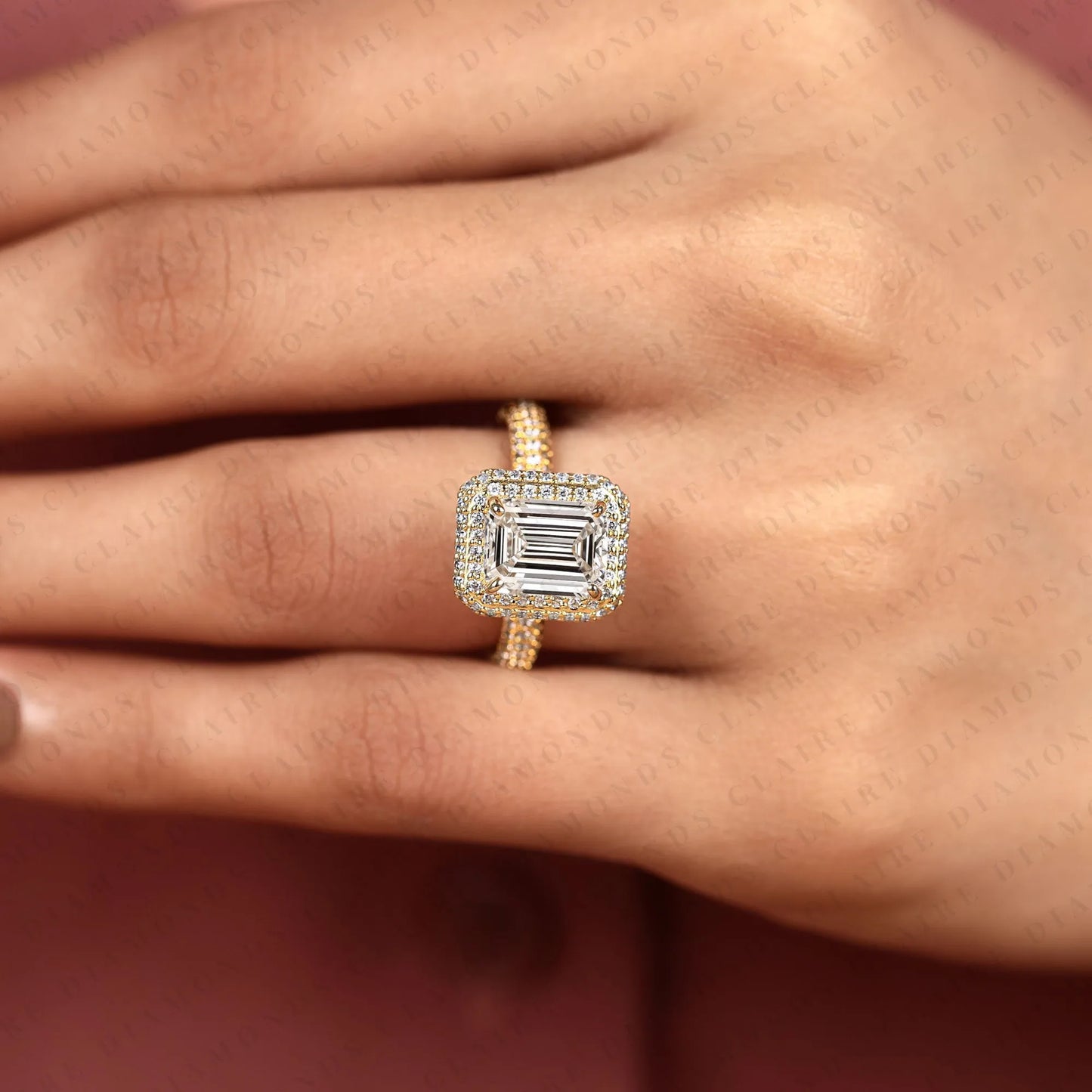 emerald cut moissanite diamond halo engagement ring, double pavé halo yellow gold bridal ring, luxury statement ring