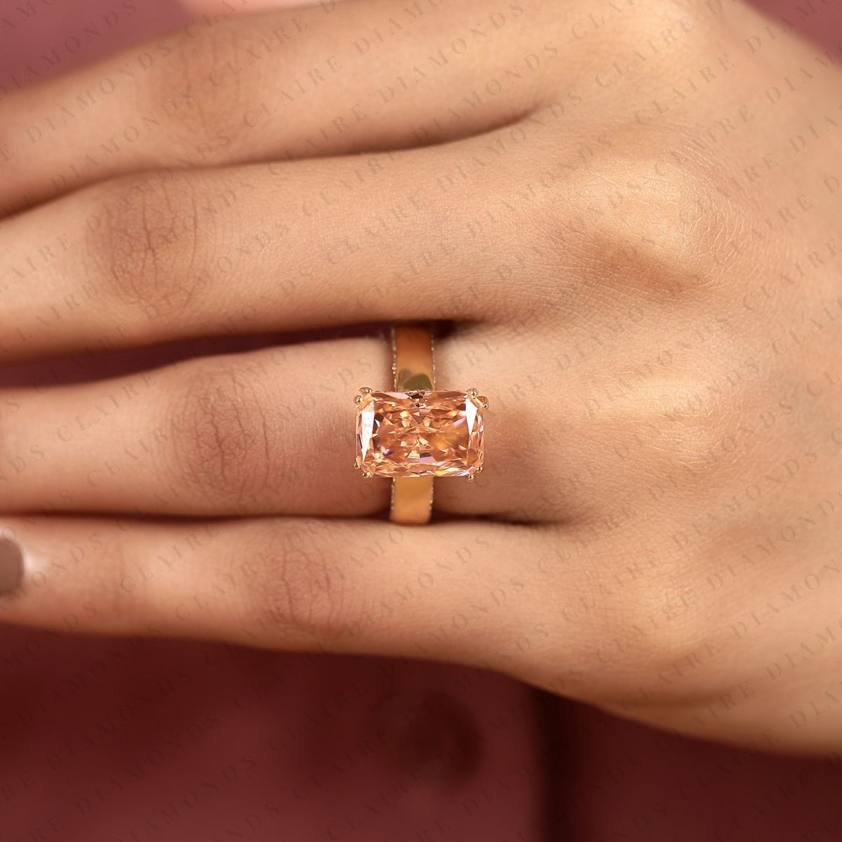 radiant cut pink moissanite diamond engagement ring, yellow gold pave band, unique wedding ring for women