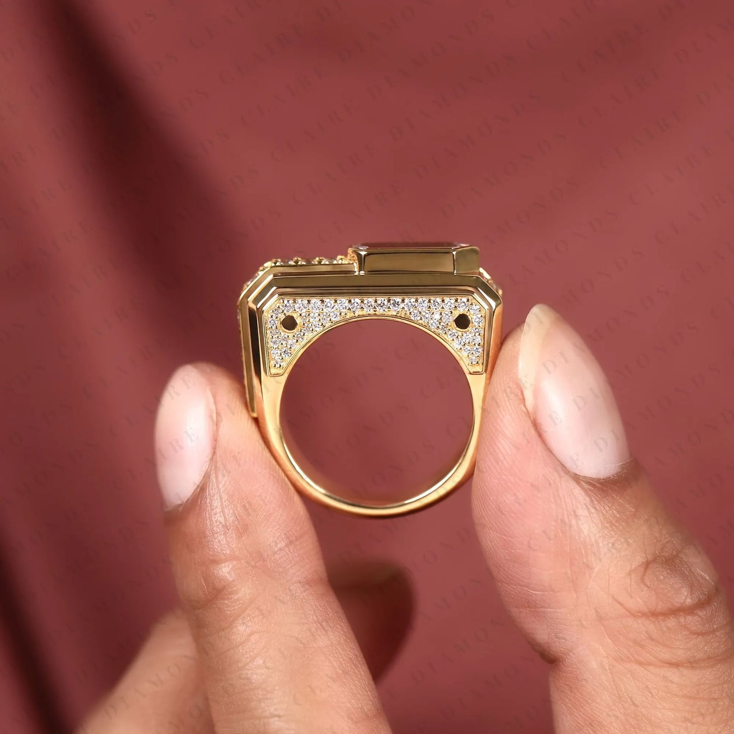 luxury baguette cut moissanite diamond engagement ring in gold with round accent side diamonds for men.
