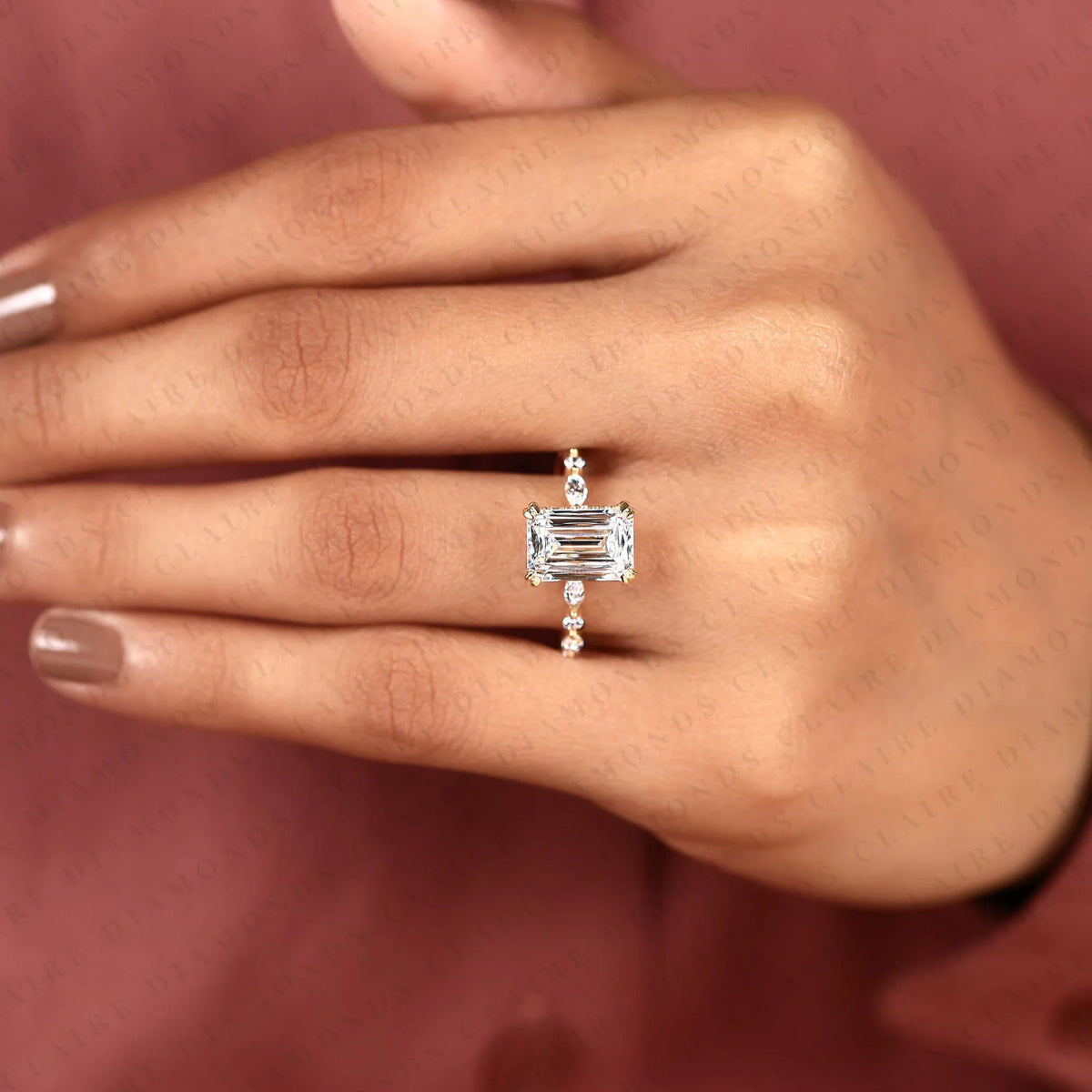 criss cut moissanite diamond engagement ring, hidden halo gold ring with marquise & round accent.