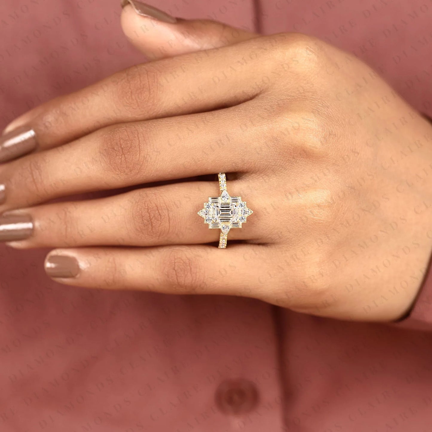 emerald cut moissanite diamond engagement ring milgreen bezel art deco vintage inspired baguette halo diamond bridal ring