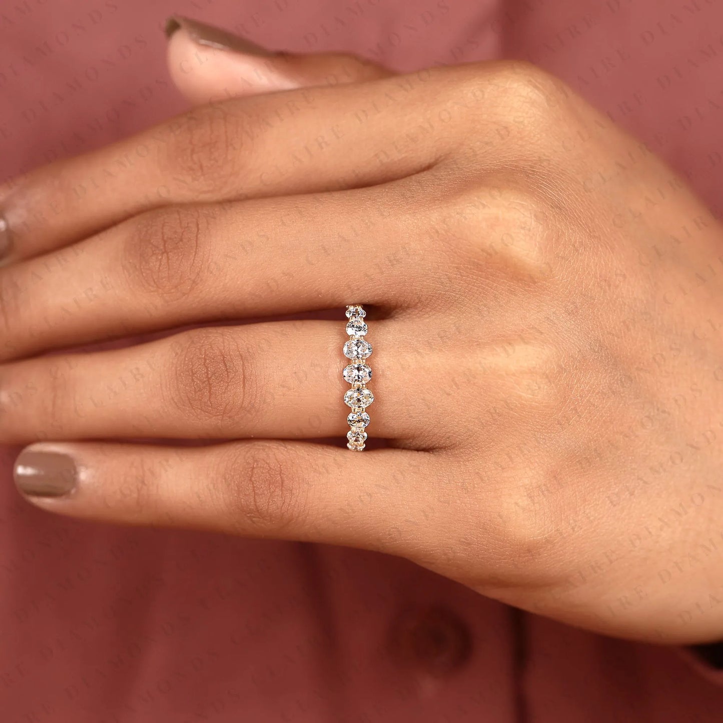 1.32 tcw oval and round cut moissanite diamond half eternity wedding band, anniversary band for women