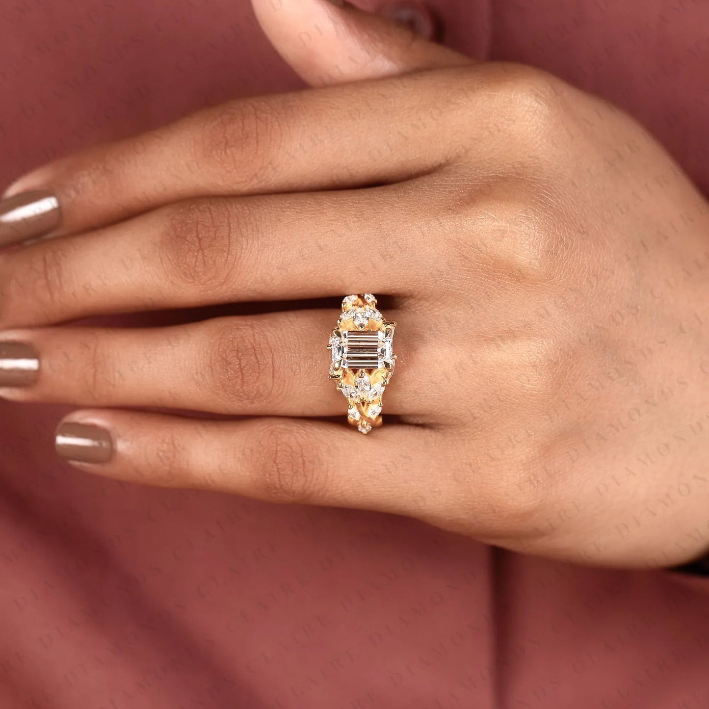 modified emerald cut moissanite diamond engagement ring floral vintage halo ring unique gold bridal ring statement wedding jewelry