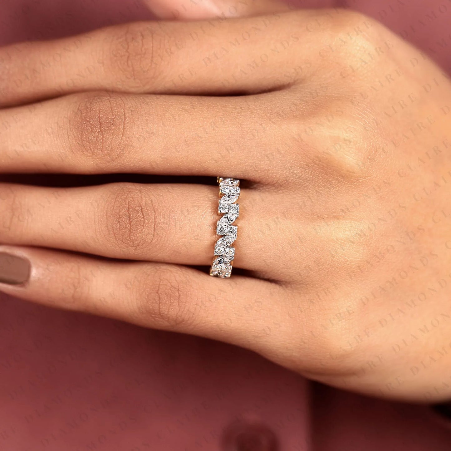 1.12 tcw marquise & round cut moissanite diamond half eternity wedding band yellow gold alternating band