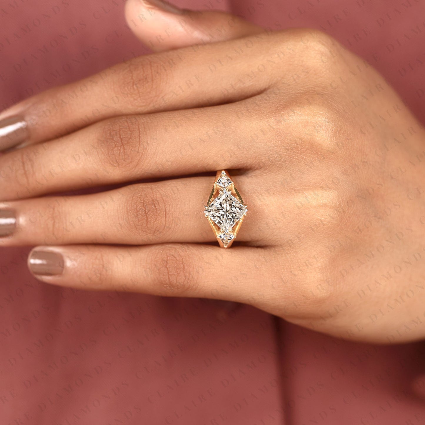 princess cut moissanite diamond three stone engagement ring with kite side stones in gold