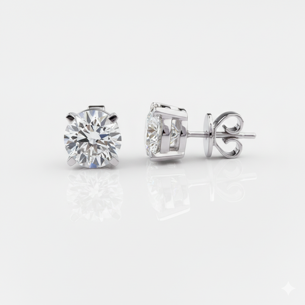 925 silver stud earring studded with 5 mm round cut in moissanite diamond by claire diamonds