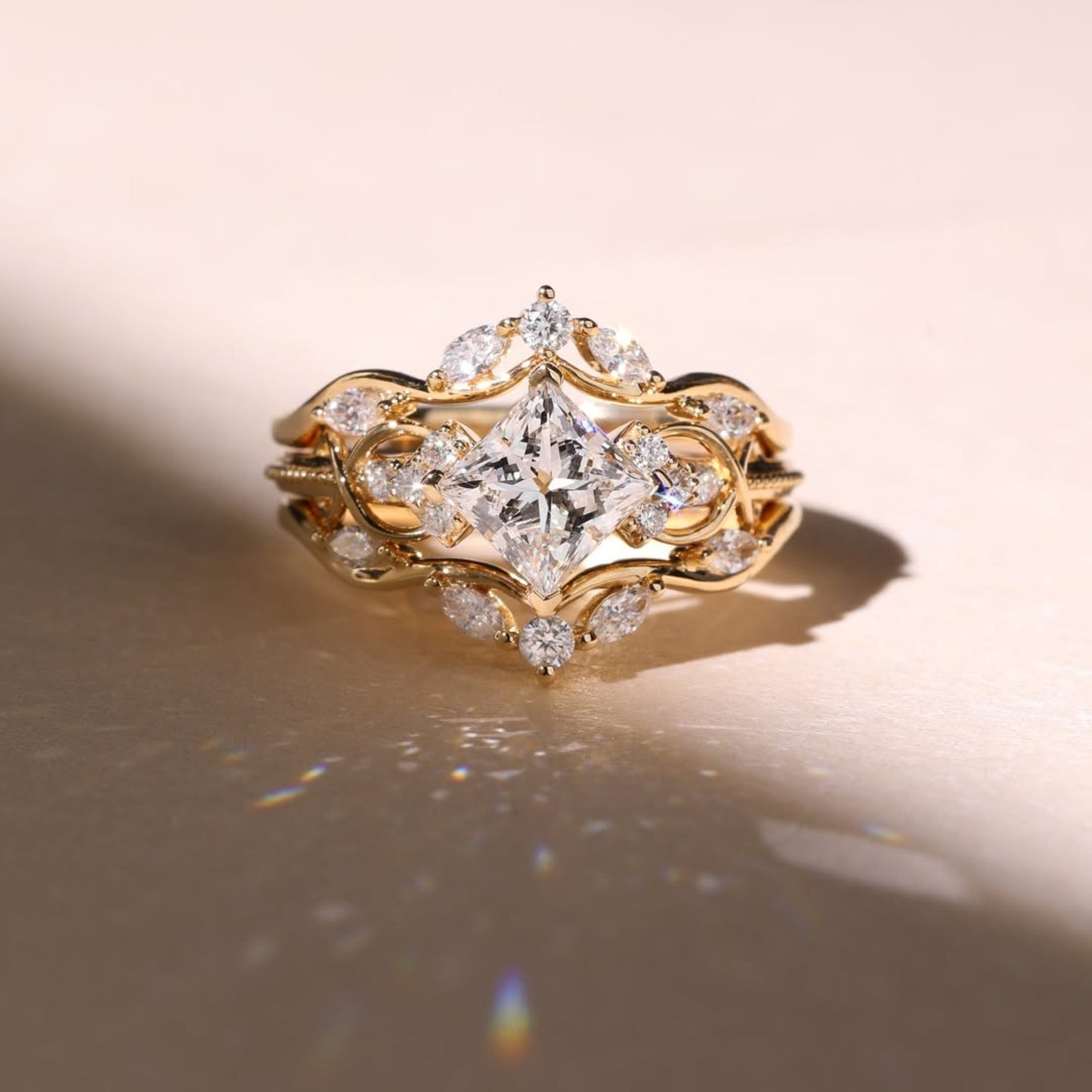 art deco princess moissanite vintage engagement ring set bridal wedding nature inspired anniversary sets