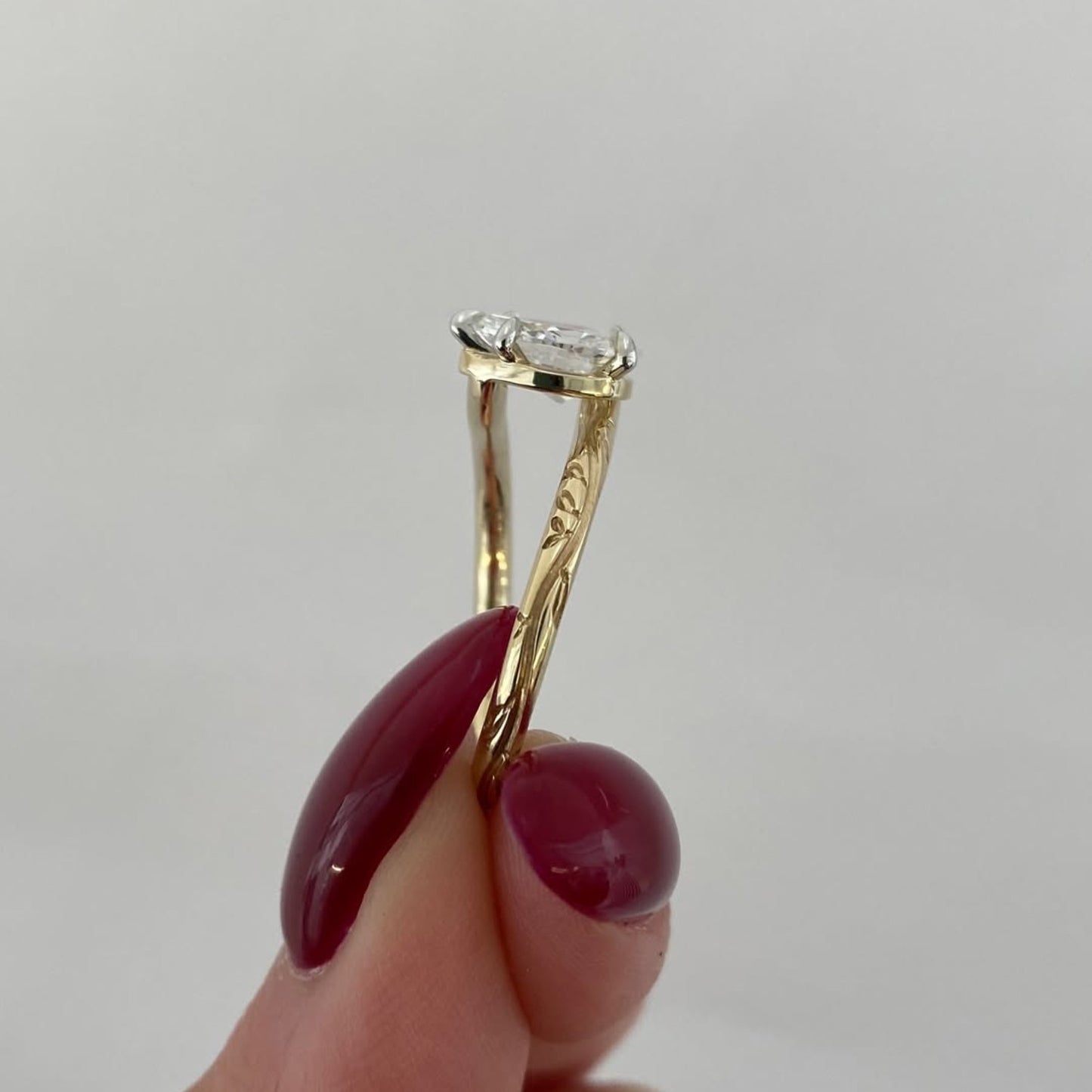 bypass pear moissanite diamond engagement ring yellow gold engraved band vintage solitaire luxury