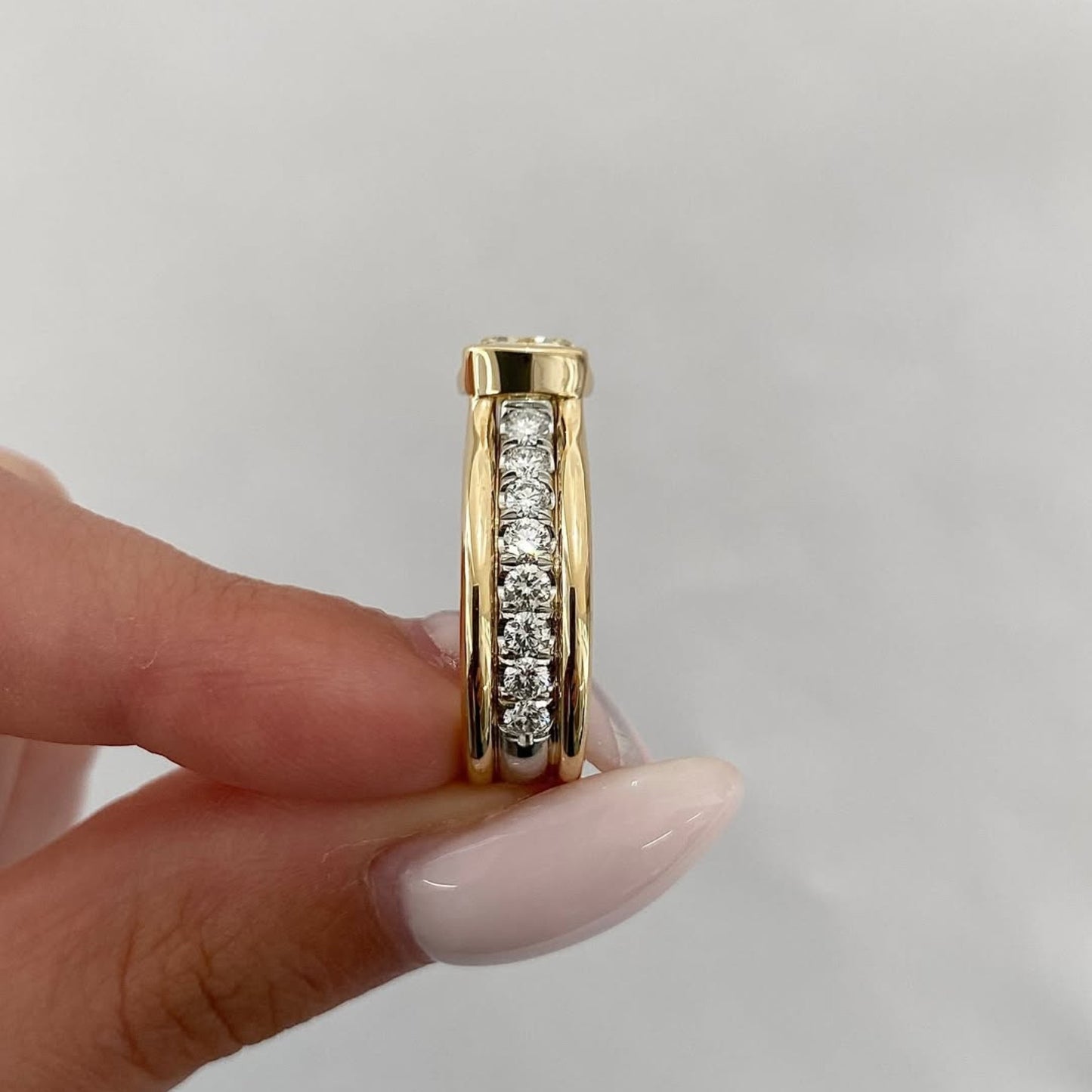 east west yellow cushion moissanite engagement ring half bezel solid gold wedding ring