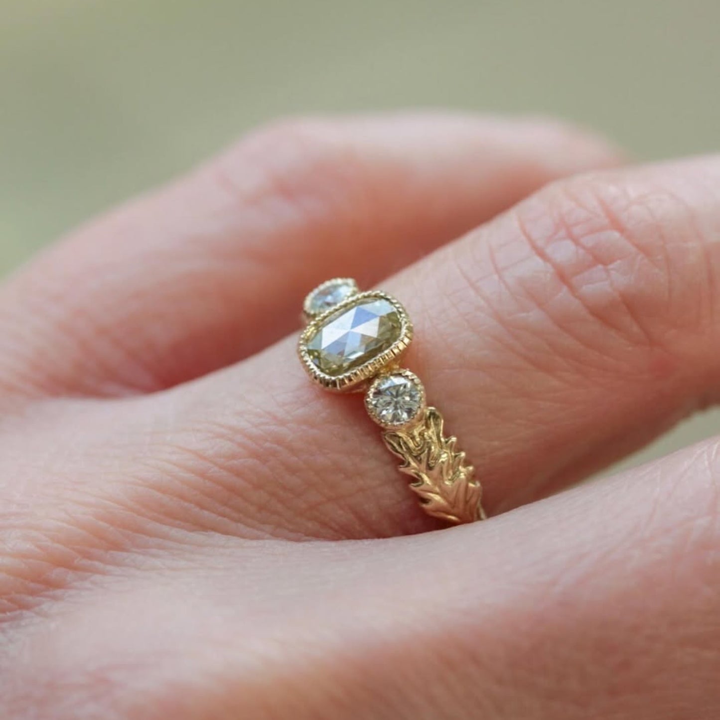 vintage milgrain bezel light brown cushion rose cut moissanite engagement ring three stone art deco gold nature inspired ring