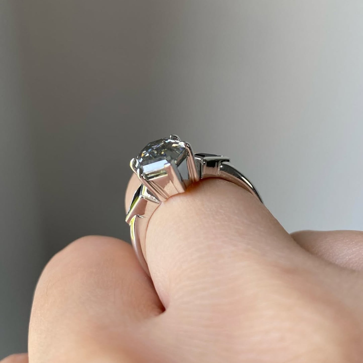 grey hexagon cut three stone engagement ring in white gold | modern geometric vintage inspired moissanite diamond ring