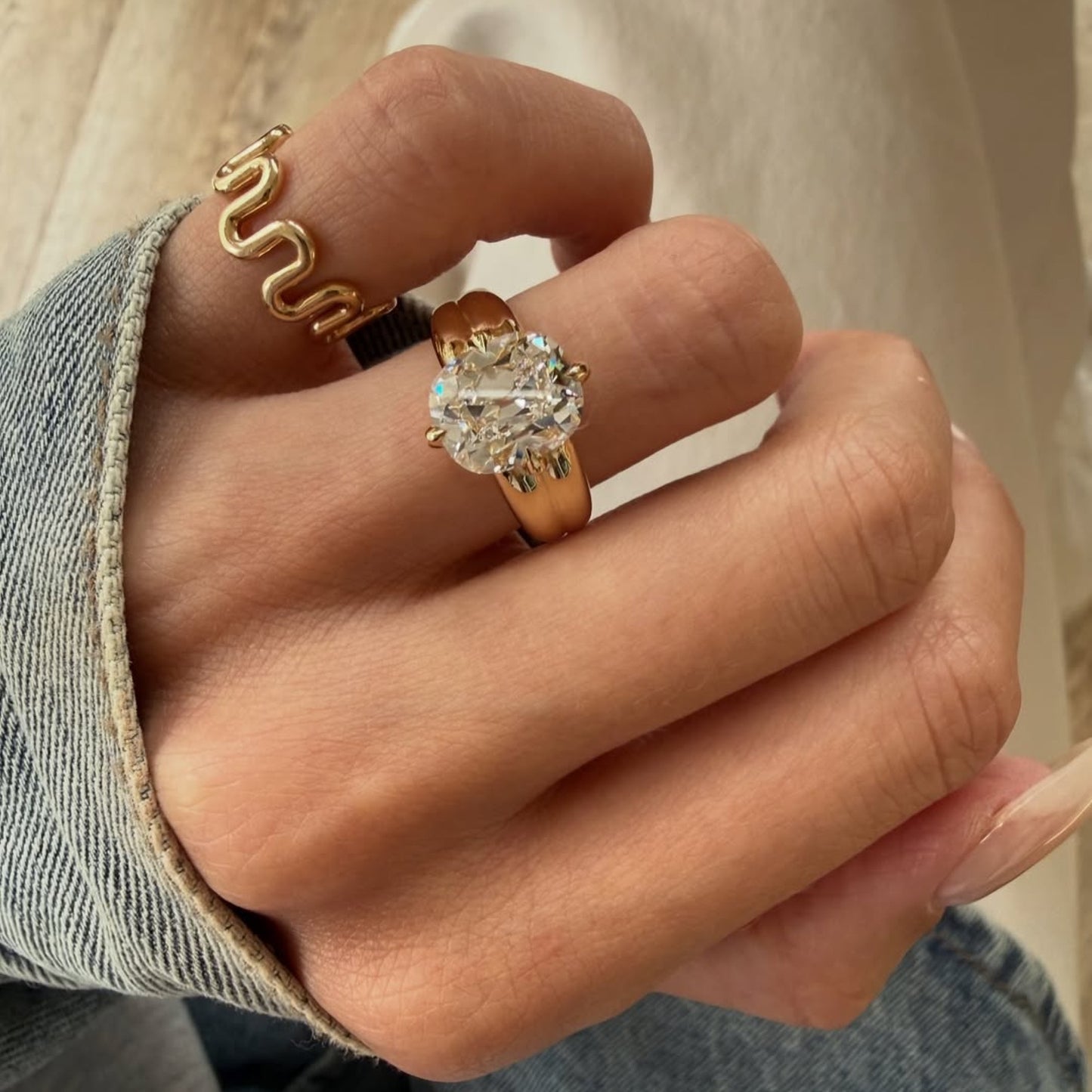 old mine moissanite elongated cushion cut engagement ring in yellow gold, vintage-inspired solitaire diamond ring