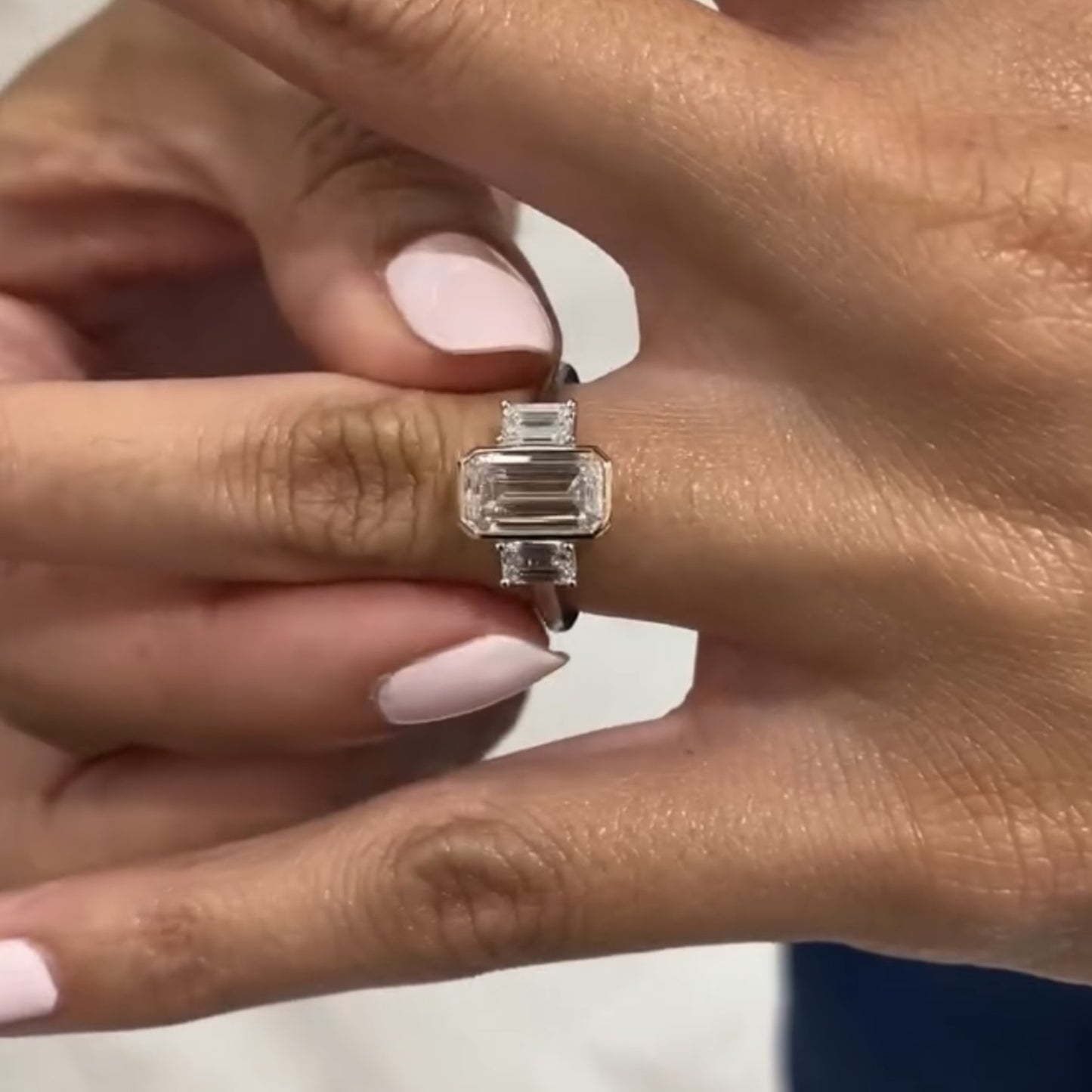 emerald cut moissanite diamond three stone engagement ring bezel setting handmade luxury ring