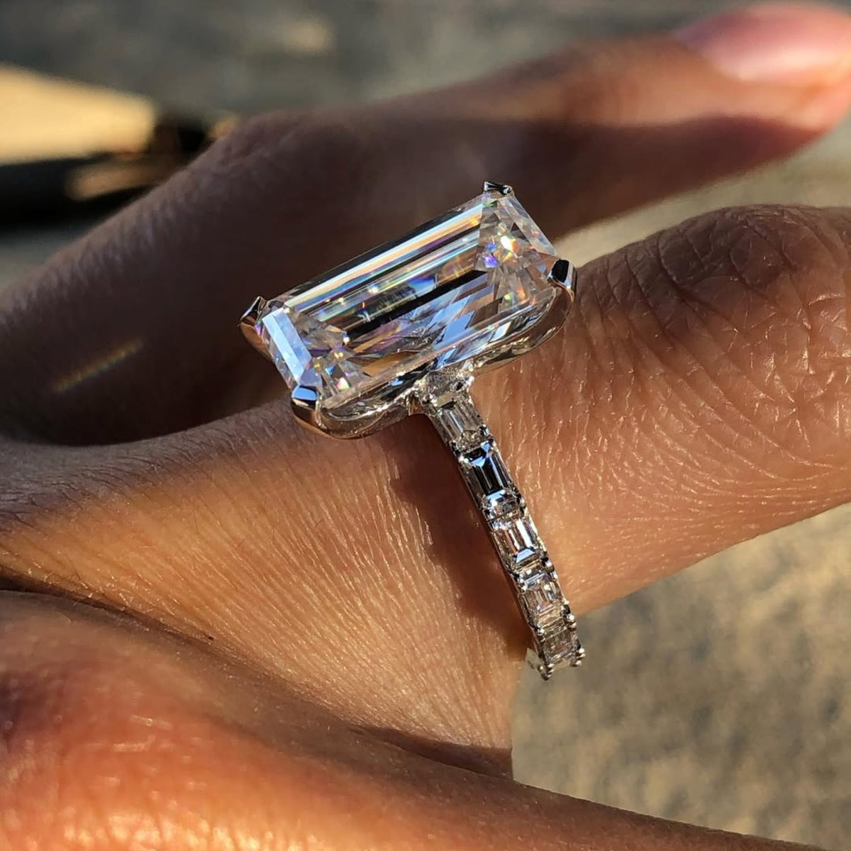 elongated emerald cut moissanite engagement ring solid gold solitaire ring wedding ring anniversary ring elongated diamond ring