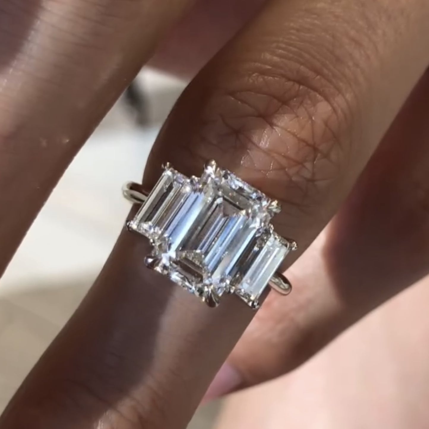 emerald cut three stone moissanite engagement ring trio diamond ring gold wedding ring past present future ring anniversary ring