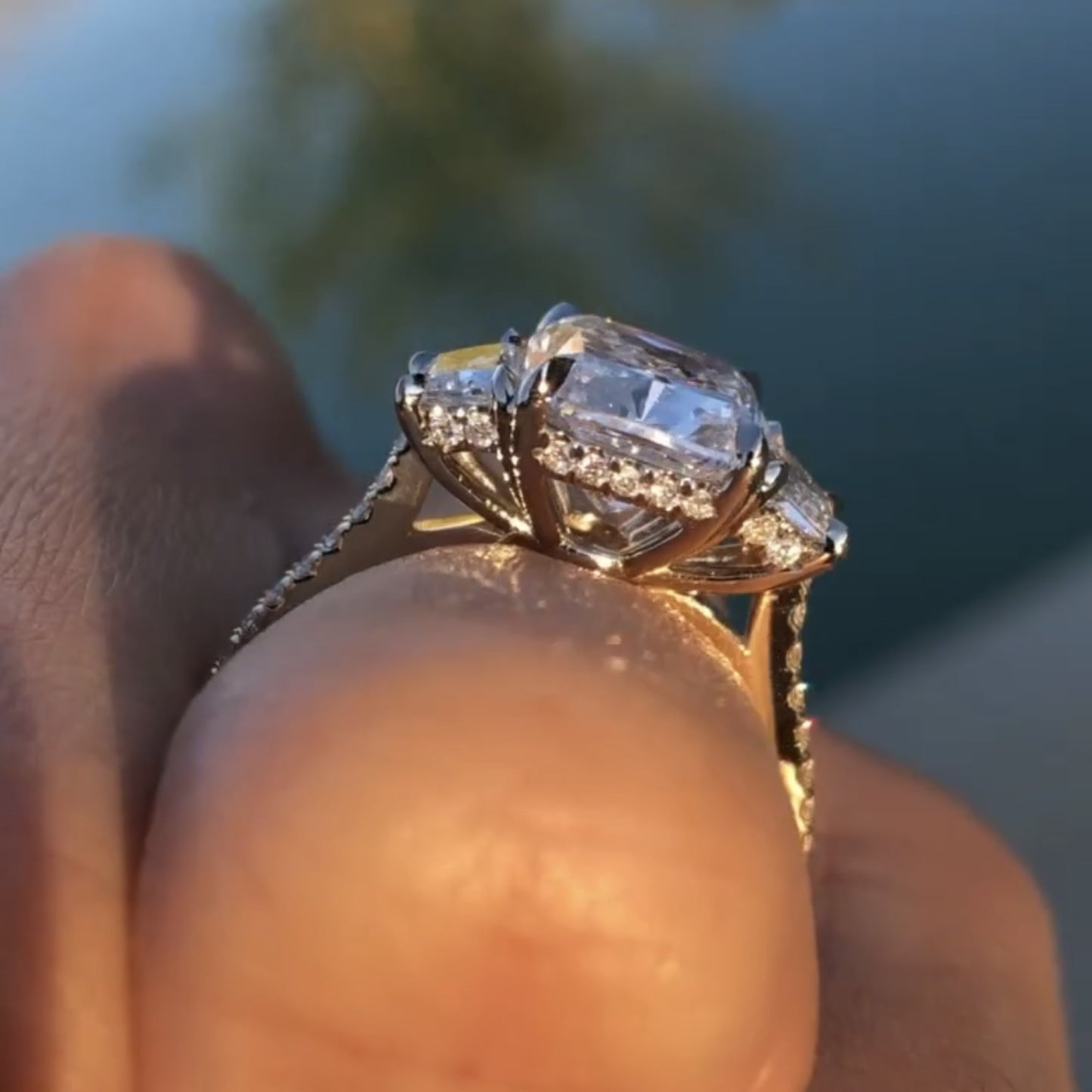cushion three stone cut moissanite engagement ring hidden halo solid gold wedding ring past present future ring anniversary ring