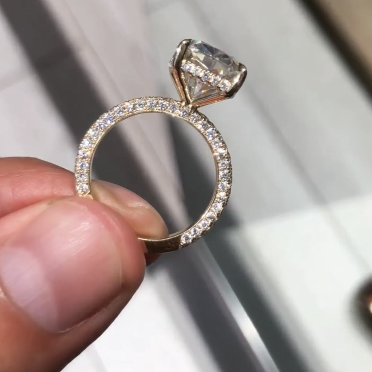 elongated cushion cut pave set moissanite engagement ring hidden halo ring solid gold wedding ring anniversary ring elongated diamond ring